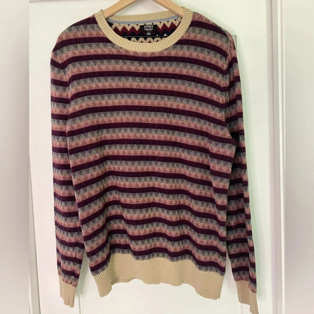 Jones New York Mens Large 100% Cotton Striped Pullover Sweater Tan Navy & Red